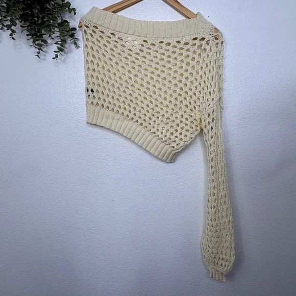 Maeve Anthropologie One Shoulder Crochet Sweater Ivory Sheer One Size Asymmetric - Picture 4 of 5